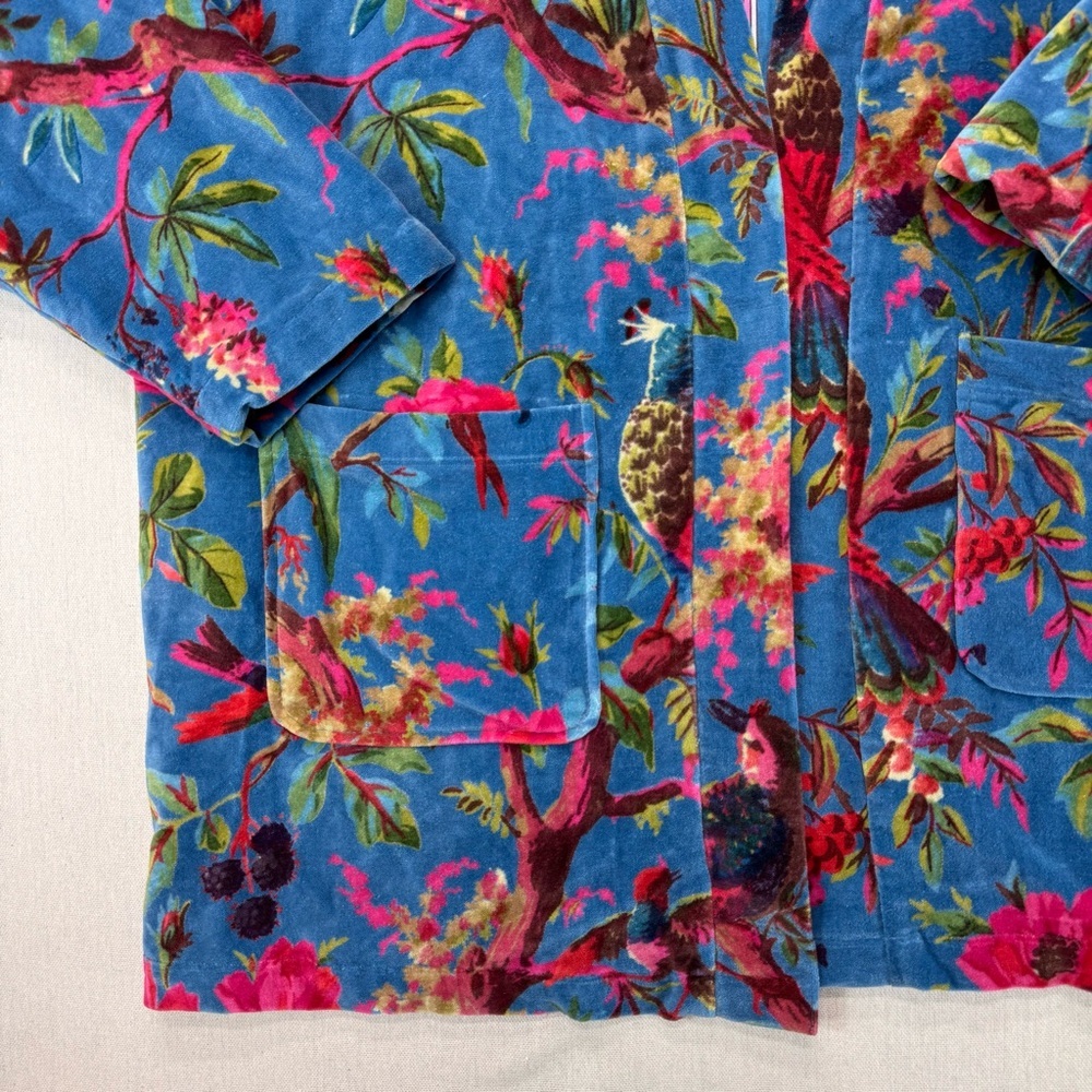 Vikolino Velvet Luxury Jacket Coat Blue Bird Printed Long Jacket Bohemian Coat - Picture 4 of 16